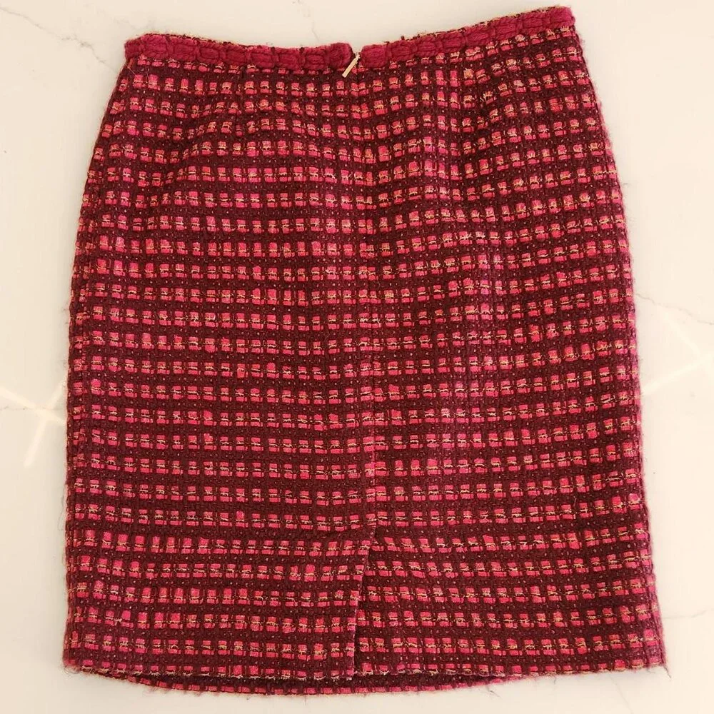 Tory Burch Wool Blend Sz 4 Basketweave Ribbon Plaid Pencil Skirt Pink Tweed Work - Picture 7 of 10